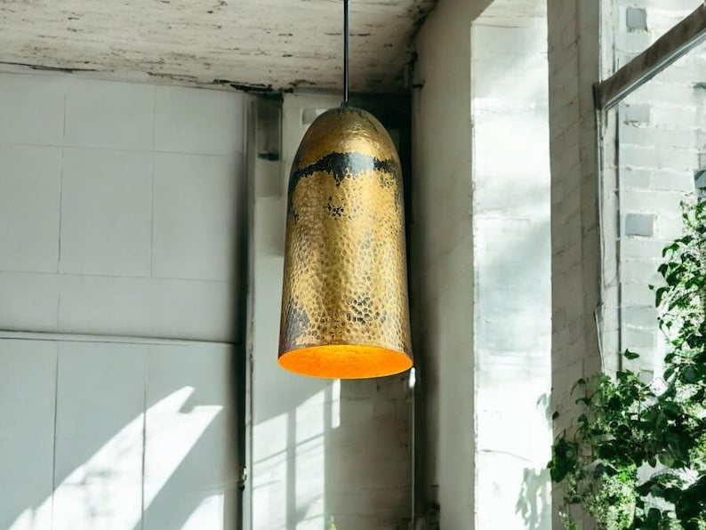 Handmade Moroccan Brass Pendant Light – Tall Hammered Cylinder Ceiling Lamp with Antique Gold Finish, Black Patina Accents & Warm Interior Glow