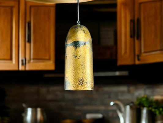 Handmade Moroccan Brass Pendant Light – Tall Hammered Cylinder Ceiling Lamp with Antique Gold Finish, Black Patina Accents & Warm Interior Glow