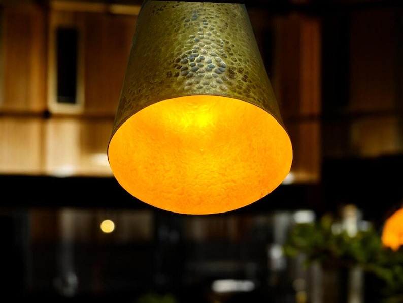 Handmade Moroccan Brass Pendant Light – Tall Hammered Cylinder Ceiling Lamp with Antique Gold Finish, Black Patina Accents & Warm Interior Glow
