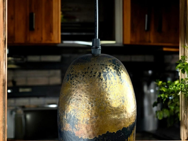 Handmade Moroccan Brass Pendant Light – Tall Hammered Cylinder Ceiling Lamp with Antique Gold Finish, Black Patina Accents & Warm Interior Glow