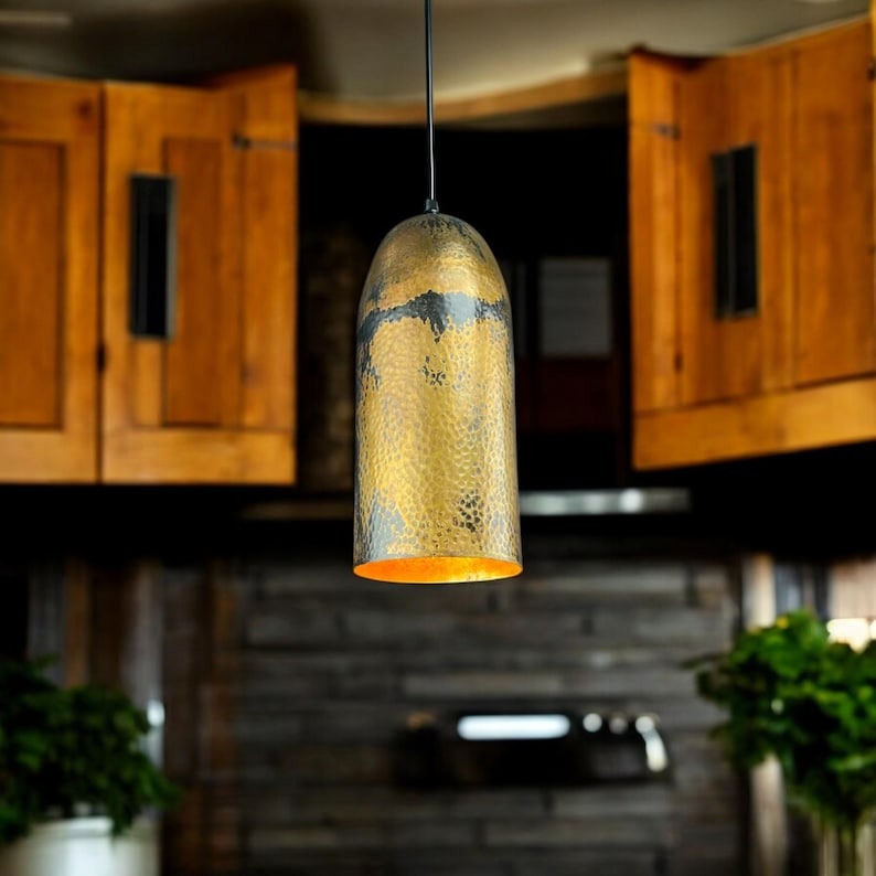 Handmade Moroccan Brass Pendant Light – Tall Hammered Cylinder Ceiling Lamp with Antique Gold Finish, Black Patina Accents & Warm Interior Glow
