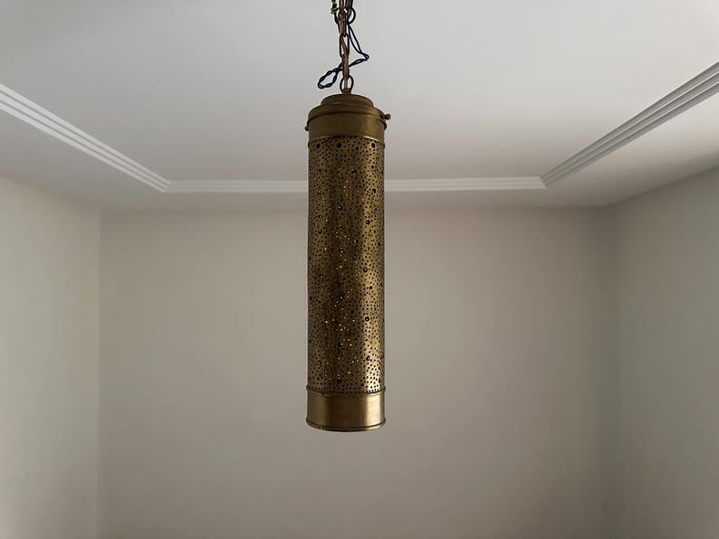 Handmade Moroccan Brass Pendant Light – Tall Pierced Cylinder Lantern, Perforated Brass Ceiling Lamp with Decorative Shadow Pattern
