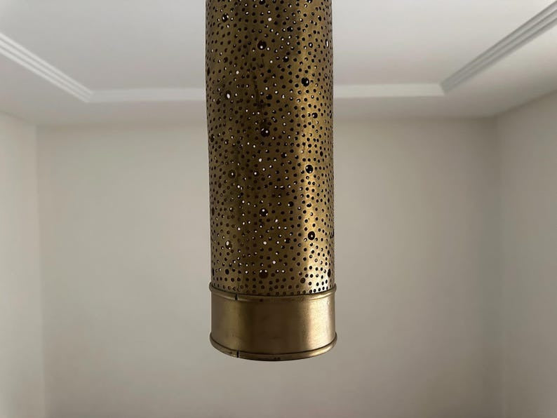 Handmade Moroccan Brass Pendant Light – Tall Pierced Cylinder Lantern, Perforated Brass Ceiling Lamp with Decorative Shadow Pattern