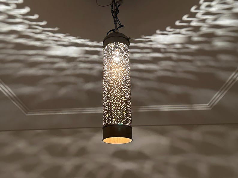 Handmade Moroccan Brass Pendant Light – Tall Pierced Cylinder Lantern, Perforated Brass Ceiling Lamp with Decorative Shadow Pattern