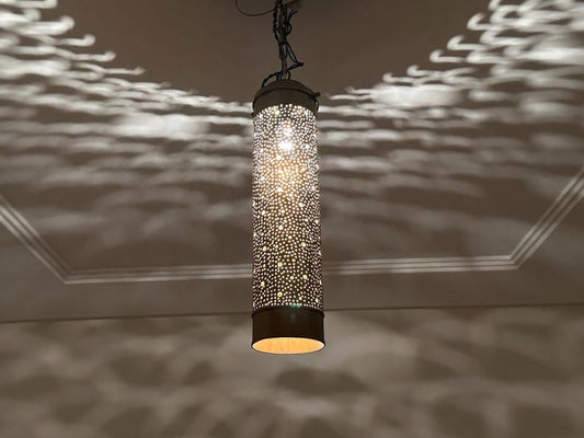 Handmade Moroccan Brass Pendant Light – Tall Pierced Cylinder Lantern, Perforated Brass Ceiling Lamp with Decorative Shadow Pattern