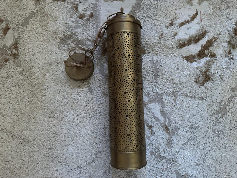 Handmade Moroccan Brass Pendant Light – Tall Pierced Cylinder Lantern, Perforated Brass Ceiling Lamp with Decorative Shadow Pattern