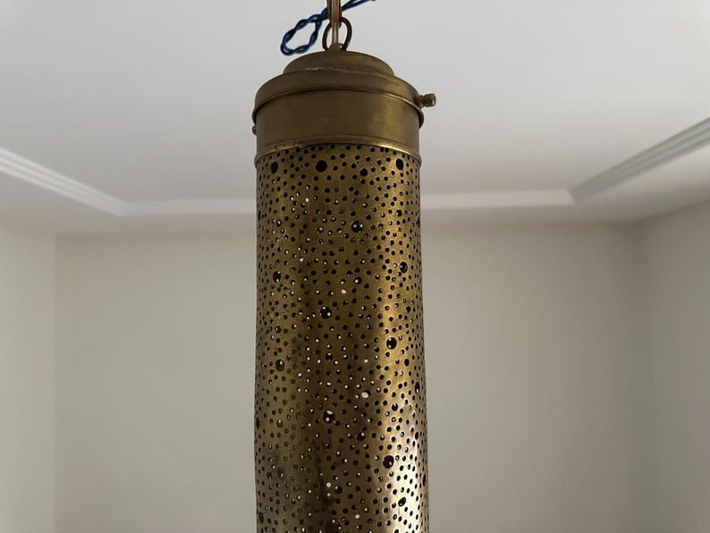 Handmade Moroccan Brass Pendant Light – Tall Pierced Cylinder Lantern, Perforated Brass Ceiling Lamp with Decorative Shadow Pattern