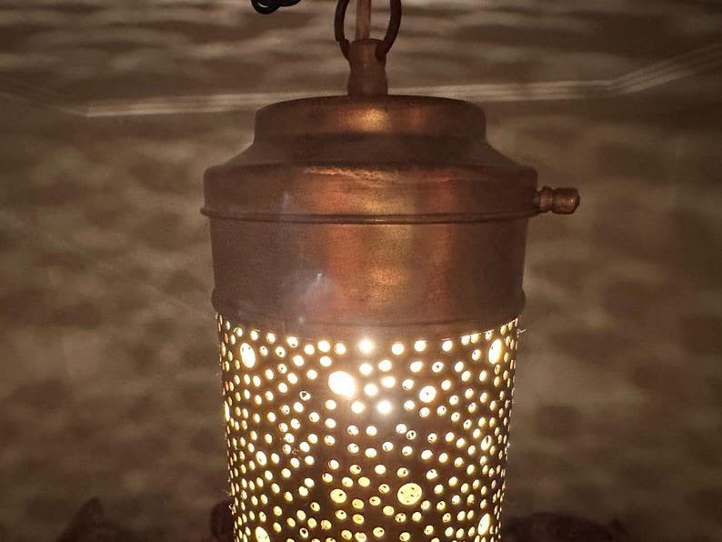 Handmade Moroccan Brass Pendant Light – Tall Pierced Cylinder Lantern, Perforated Brass Ceiling Lamp with Decorative Shadow Pattern