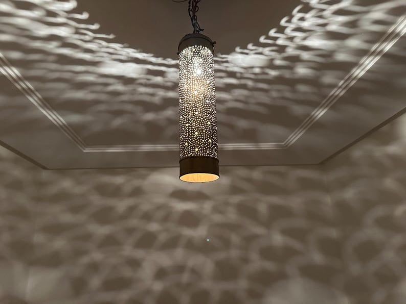 Handmade Moroccan Brass Pendant Light – Tall Pierced Cylinder Lantern, Perforated Brass Ceiling Lamp with Decorative Shadow Pattern