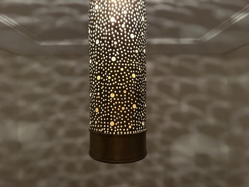 Handmade Moroccan Brass Pendant Light – Tall Pierced Cylinder Lantern, Perforated Brass Ceiling Lamp with Decorative Shadow Pattern