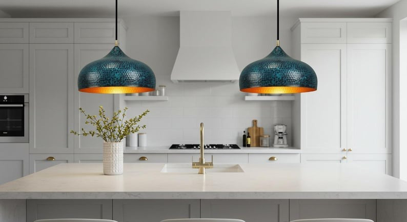 Handmade Moroccan Brass Dome Pendant Light – Hammered Dark Teal Patina Brass Hanging Lamp with Warm Copper Interior, Boho Mediterranean Ceiling Light for Kitchen Island, Dining Room & Living Room