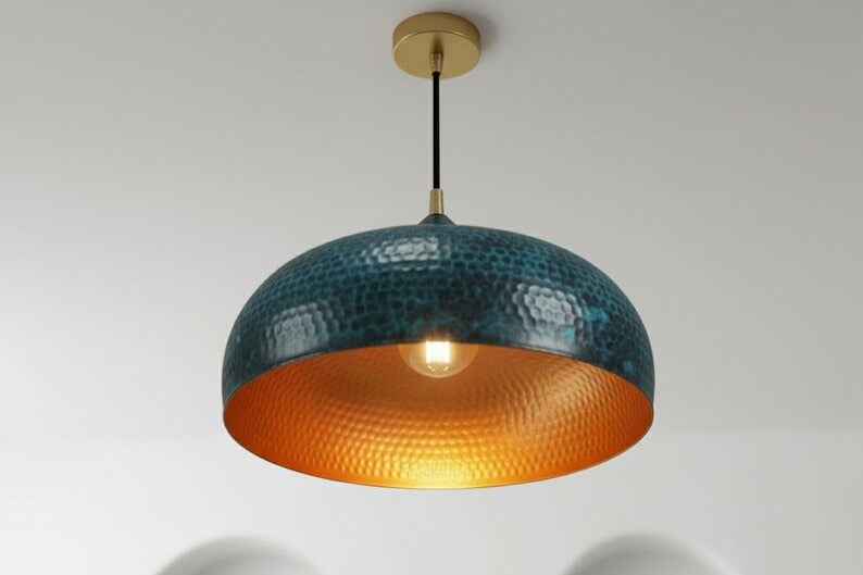 Handmade Moroccan Brass Dome Pendant Light – Hammered Dark Teal Patina Brass Hanging Lamp with Warm Copper Interior, Boho Mediterranean Ceiling Light for Kitchen Island, Dining Room & Living Room