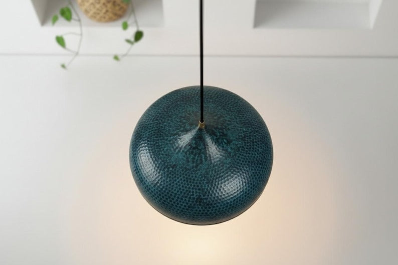 Handmade Moroccan Brass Dome Pendant Light – Hammered Dark Teal Patina Brass Hanging Lamp with Warm Copper Interior, Boho Mediterranean Ceiling Light for Kitchen Island, Dining Room & Living Room