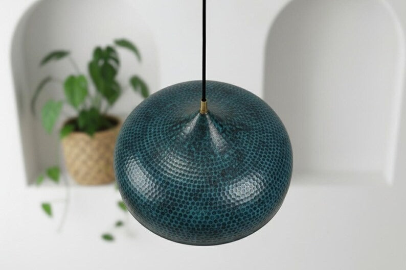 Handmade Moroccan Brass Dome Pendant Light – Hammered Dark Teal Patina Brass Hanging Lamp with Warm Copper Interior, Boho Mediterranean Ceiling Light for Kitchen Island, Dining Room & Living Room