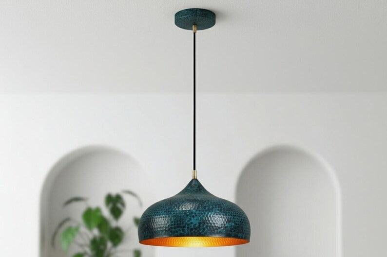 Handmade Moroccan Brass Dome Pendant Light – Hammered Dark Teal Patina Brass Hanging Lamp with Warm Copper Interior, Boho Mediterranean Ceiling Light for Kitchen Island, Dining Room & Living Room