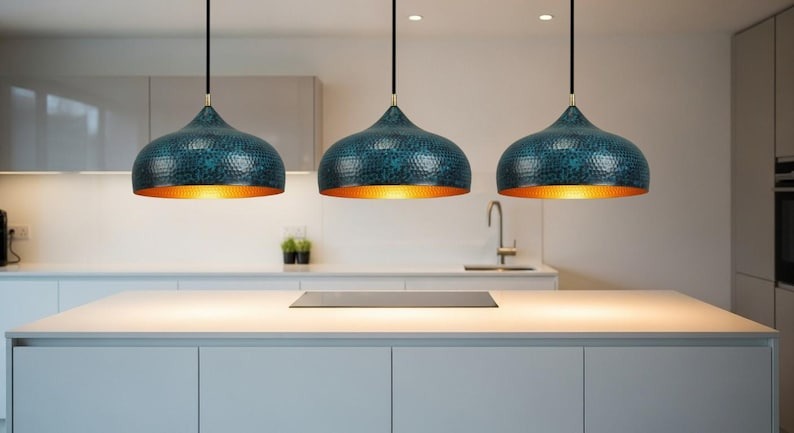 Handmade Moroccan Brass Dome Pendant Light – Hammered Dark Teal Patina Brass Hanging Lamp with Warm Copper Interior, Boho Mediterranean Ceiling Light for Kitchen Island, Dining Room & Living Room