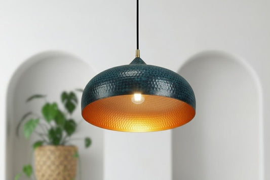 Handmade Moroccan Brass Dome Pendant Light – Hammered Dark Teal Patina Brass Hanging Lamp with Warm Copper Interior, Boho Mediterranean Ceiling Light for Kitchen Island, Dining Room & Living Room