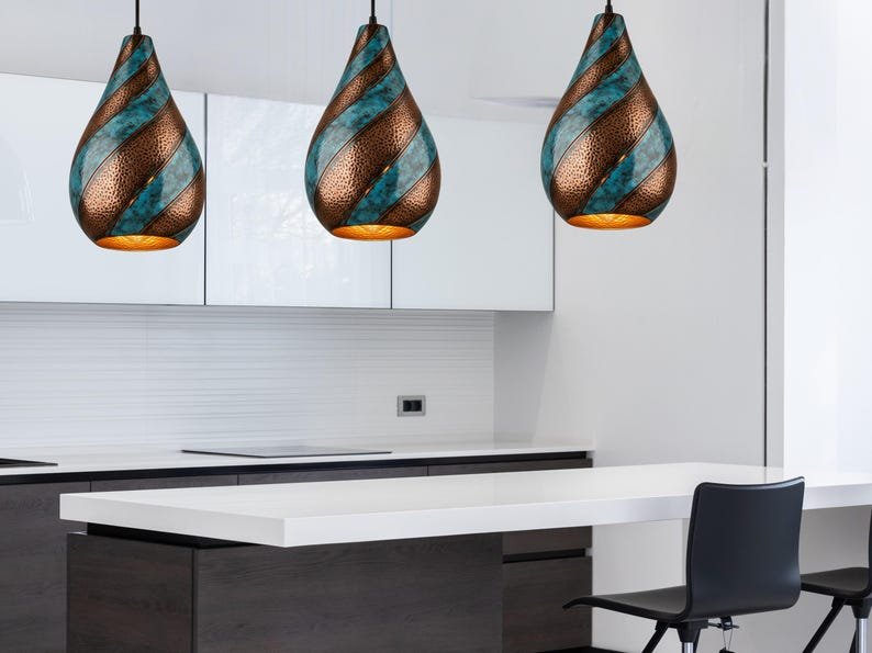 Blue Patina Hammered Copper Teardrop Pendant Light, Handmade Moroccan Spiral Copper Hanging Lamp, Rustic Verdigris Boho Chandelier, Artisan Copper Ceiling Light for Kitchen, Dining Room, Entryway and Restaurant Decor