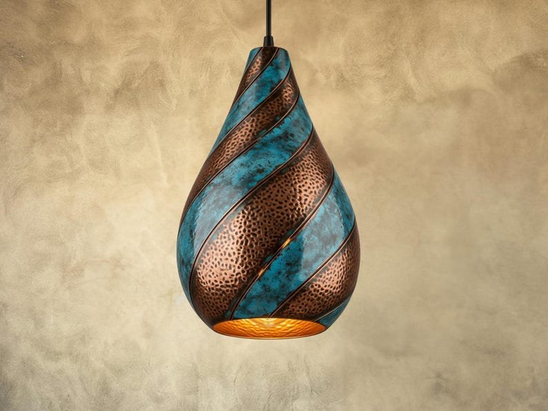 Blue Patina Hammered Copper Teardrop Pendant Light, Handmade Moroccan Spiral Copper Hanging Lamp, Rustic Verdigris Boho Chandelier, Artisan Copper Ceiling Light for Kitchen, Dining Room, Entryway and Restaurant Decor