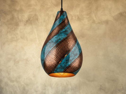 Blue Patina Hammered Copper Teardrop Pendant Light, Handmade Moroccan Spiral Copper Hanging Lamp, Rustic Verdigris Boho Chandelier, Artisan Copper Ceiling Light for Kitchen, Dining Room, Entryway and Restaurant Decor