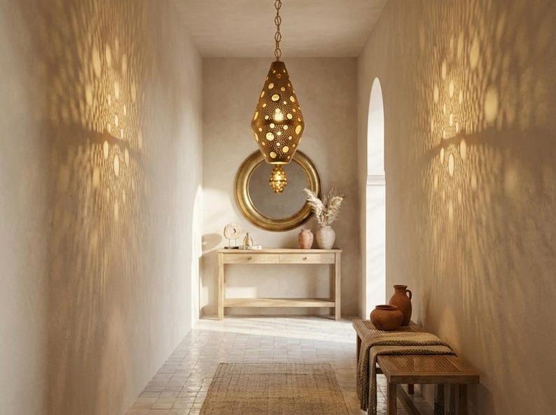 Moroccan Pierced Brass Teardrop Pendant Light – Perforated Lantern Chandelier with Circular Shadow Pattern
