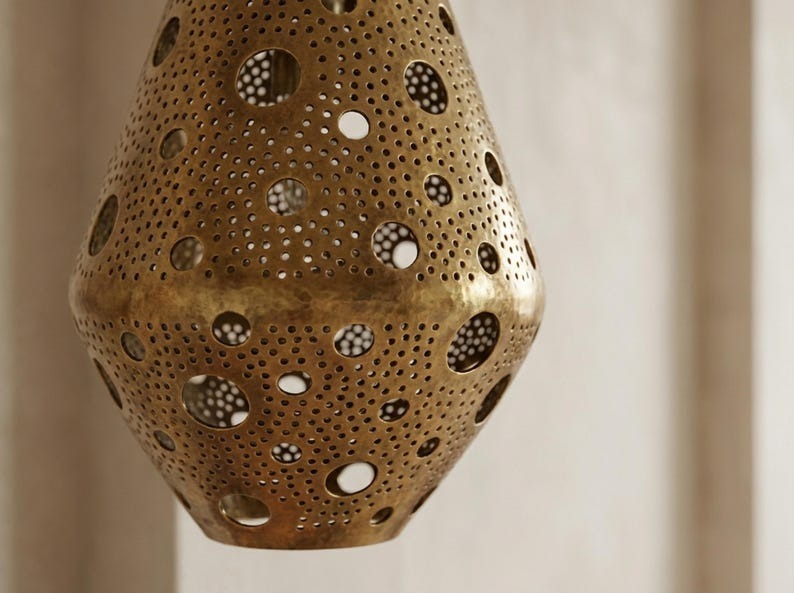 Moroccan Pierced Brass Teardrop Pendant Light – Perforated Lantern Chandelier with Circular Shadow Pattern