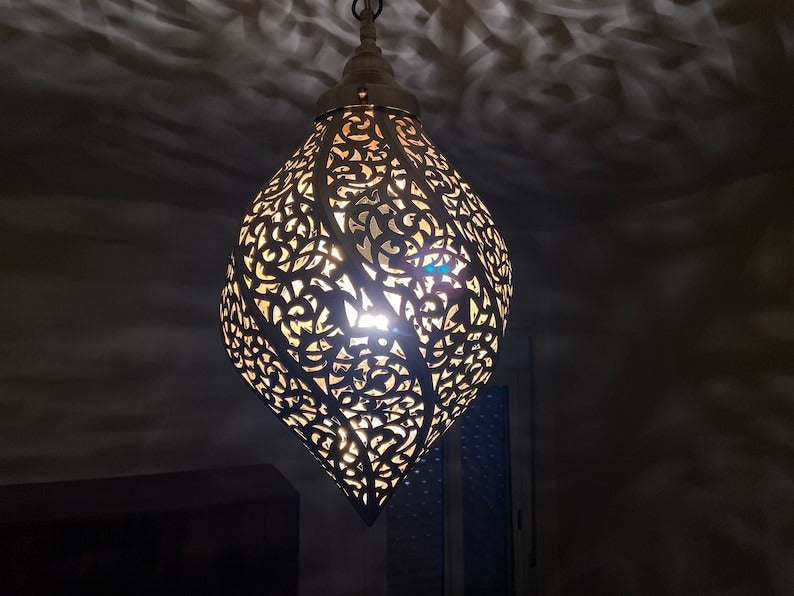 Moroccan Pierced Brass Teardrop Pendant Light – Ornate Filigree Chandelier with Dramatic Shadow Pattern
