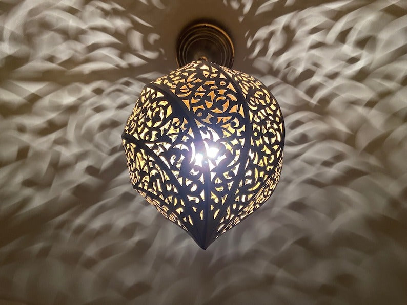 Moroccan Pierced Brass Teardrop Pendant Light – Ornate Filigree Chandelier with Dramatic Shadow Pattern