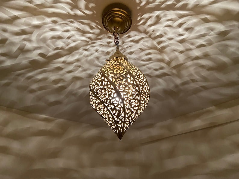 Moroccan Pierced Brass Teardrop Pendant Light – Ornate Filigree Chandelier with Dramatic Shadow Pattern