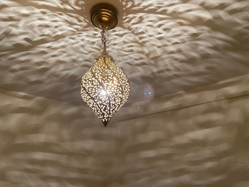 Moroccan Pierced Brass Teardrop Pendant Light – Ornate Filigree Chandelier with Dramatic Shadow Pattern