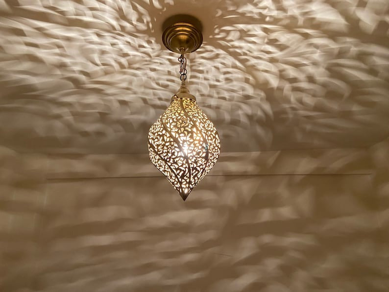 Moroccan Pierced Brass Teardrop Pendant Light – Ornate Filigree Chandelier with Dramatic Shadow Pattern