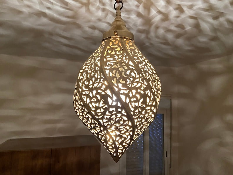 Moroccan Pierced Brass Teardrop Pendant Light – Ornate Filigree Chandelier with Dramatic Shadow Pattern
