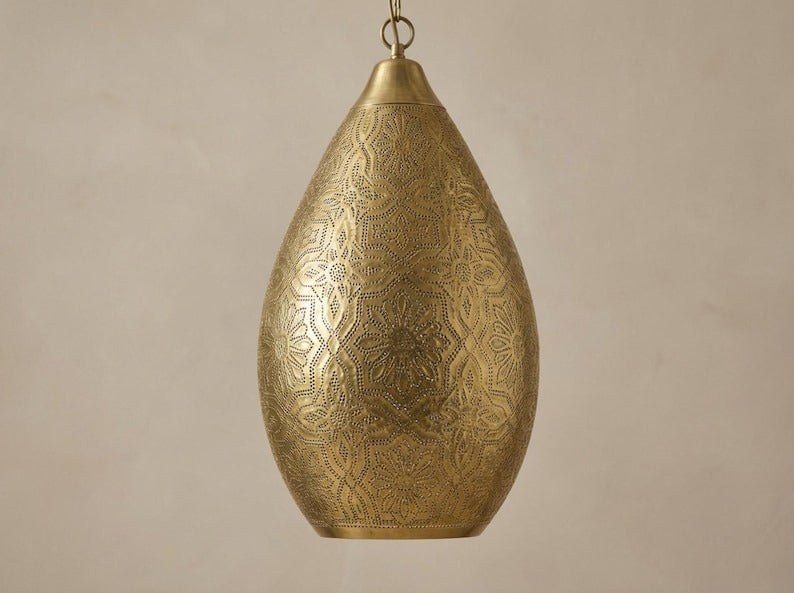 Moroccan Pierced Brass Teardrop Pendant Light – Handcrafted Filigree Lantern Chandelier with Shadow Pattern