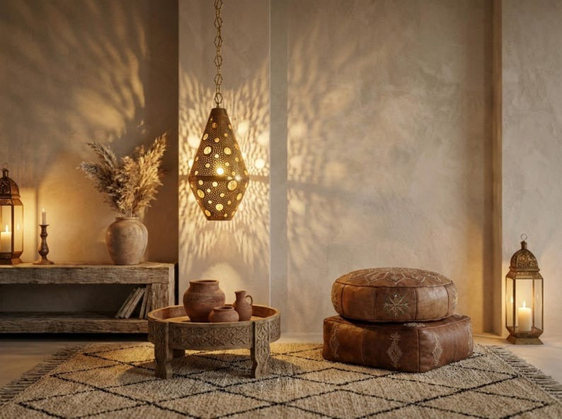 Moroccan Pierced Brass Teardrop Pendant Light – Perforated Lantern Chandelier with Circular Shadow Pattern