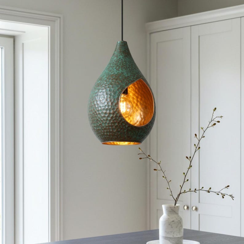 Verdigris Brass Teardrop Pendant Light – Hammered Copper Moroccan Kitchen Island Chandelier