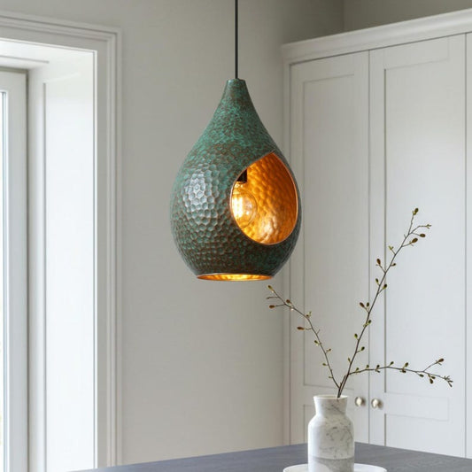 Verdigris Brass Teardrop Pendant Light – Hammered Copper Moroccan Kitchen Island Chandelier