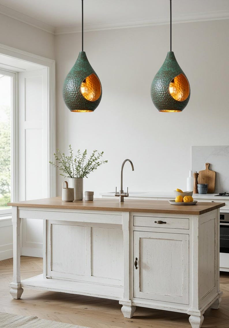 Verdigris Brass Teardrop Pendant Light – Hammered Copper Moroccan Kitchen Island Chandelier