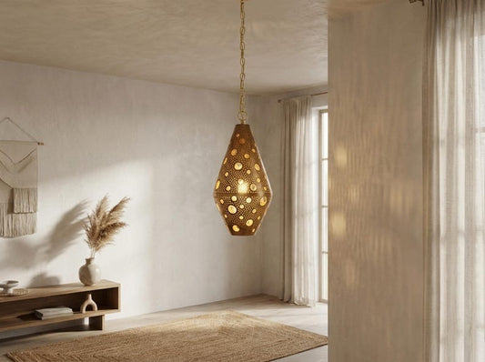 Moroccan Pierced Brass Teardrop Pendant Light – Perforated Lantern Chandelier with Circular Shadow Pattern