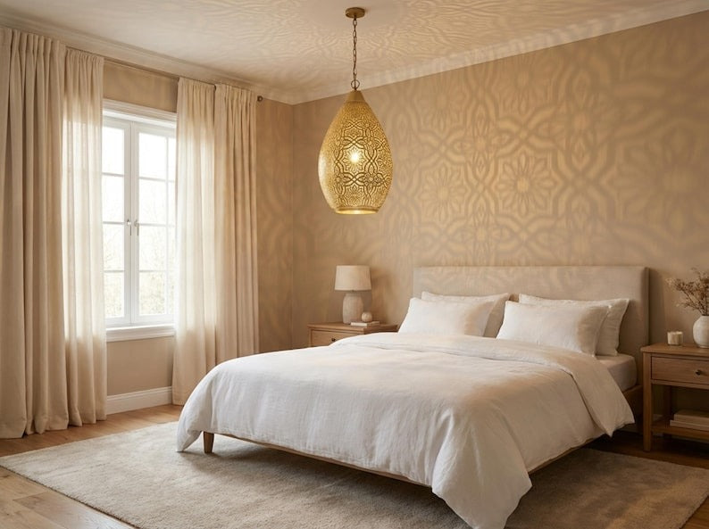 Moroccan Pierced Brass Teardrop Pendant Light – Handcrafted Filigree Lantern Chandelier with Shadow Pattern