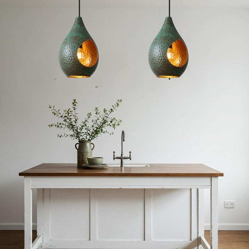 Verdigris Brass Teardrop Pendant Light – Hammered Copper Moroccan Kitchen Island Chandelier