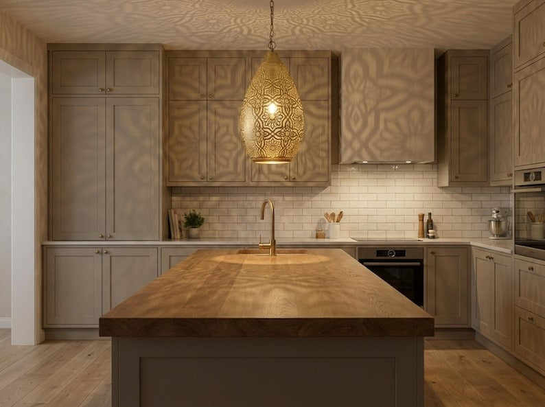 Moroccan Pierced Brass Teardrop Pendant Light – Handcrafted Filigree Lantern Chandelier with Shadow Pattern