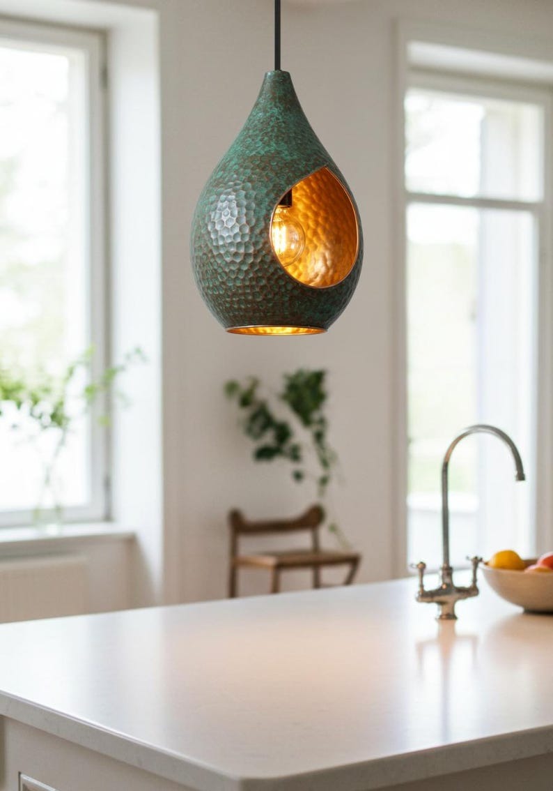 Verdigris Brass Teardrop Pendant Light – Hammered Copper Moroccan Kitchen Island Chandelier