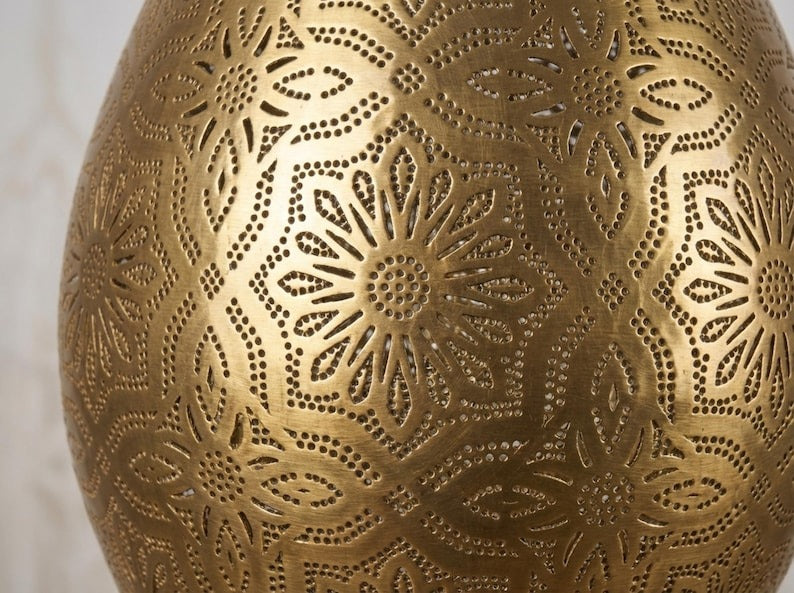 Moroccan Pierced Brass Teardrop Pendant Light – Handcrafted Filigree Lantern Chandelier with Shadow Pattern