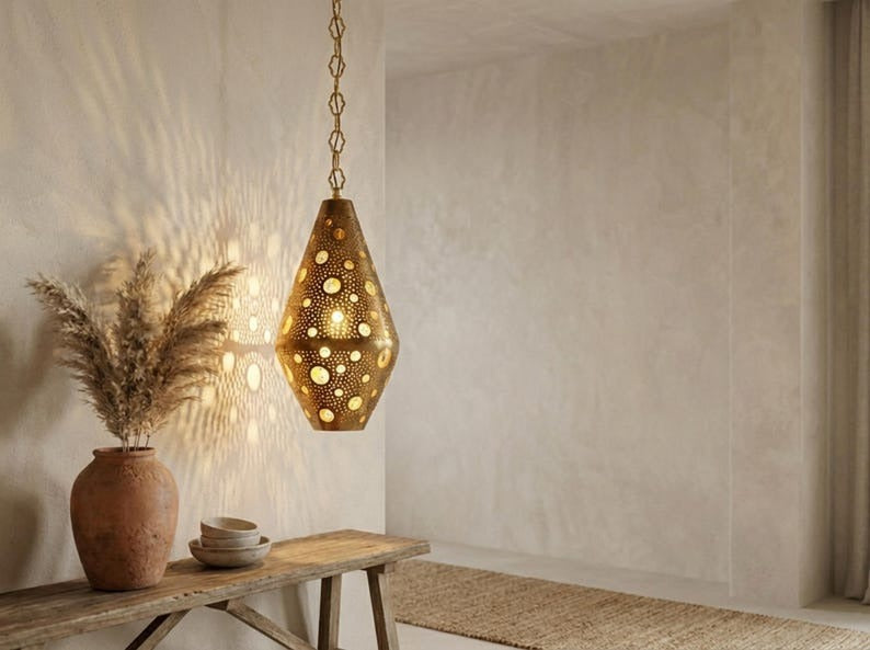Moroccan Pierced Brass Teardrop Pendant Light – Perforated Lantern Chandelier with Circular Shadow Pattern