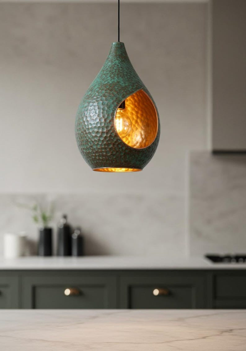 Verdigris Brass Teardrop Pendant Light – Hammered Copper Moroccan Kitchen Island Chandelier