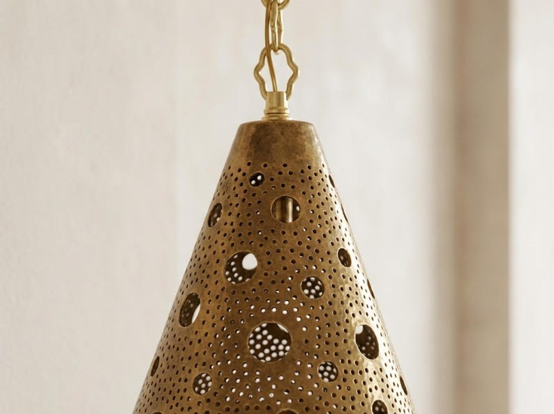 Moroccan Pierced Brass Teardrop Pendant Light – Perforated Lantern Chandelier with Circular Shadow Pattern
