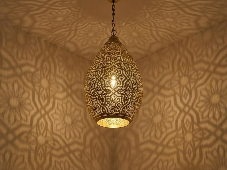 Moroccan Pierced Brass Teardrop Pendant Light – Handcrafted Filigree Lantern Chandelier with Shadow Pattern
