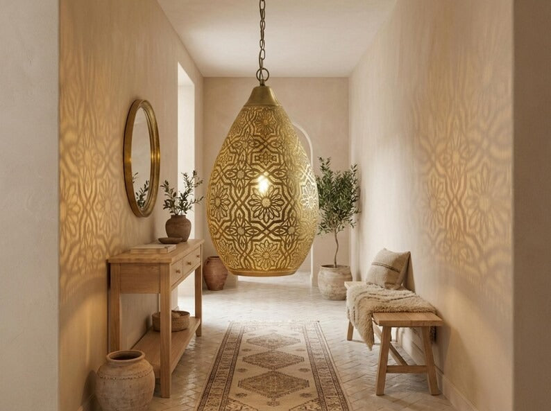 Moroccan Pierced Brass Teardrop Pendant Light – Handcrafted Filigree Lantern Chandelier with Shadow Pattern