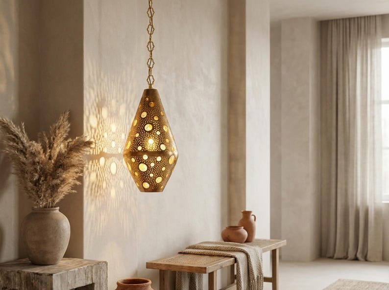 Moroccan Pierced Brass Teardrop Pendant Light – Perforated Lantern Chandelier with Circular Shadow Pattern