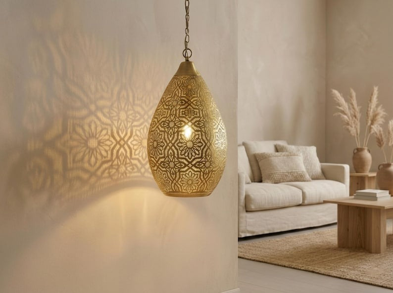 Moroccan Pierced Brass Teardrop Pendant Light – Handcrafted Filigree Lantern Chandelier with Shadow Pattern